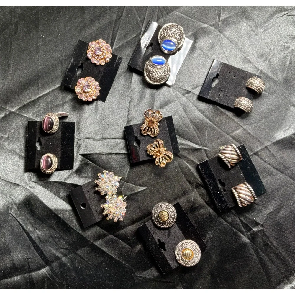 Lot of 8 Vintage Estate Lot Clip-On Earrings Rhinestone Statement Jewelry